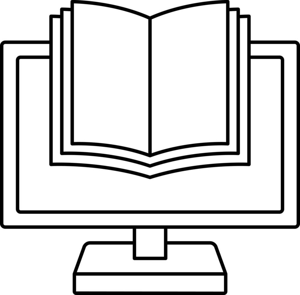 Black Line Art E-Book In Desktop Screen Icon. vector