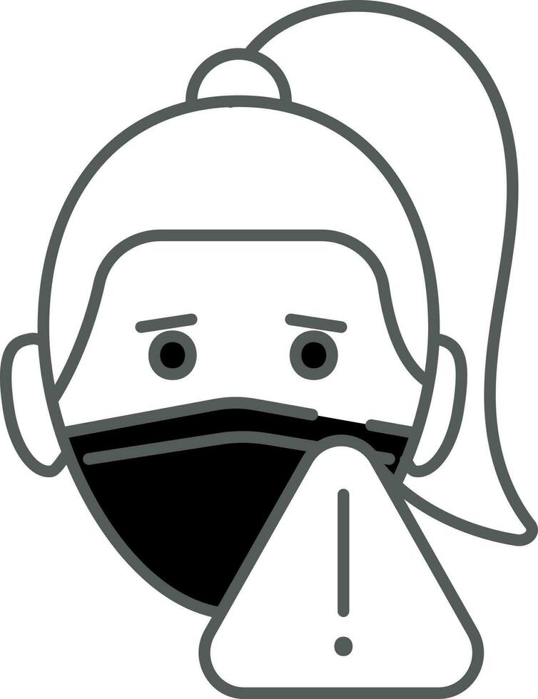 Woman Wear A Mask With Warning Sign Icon In Black And White Color. vector