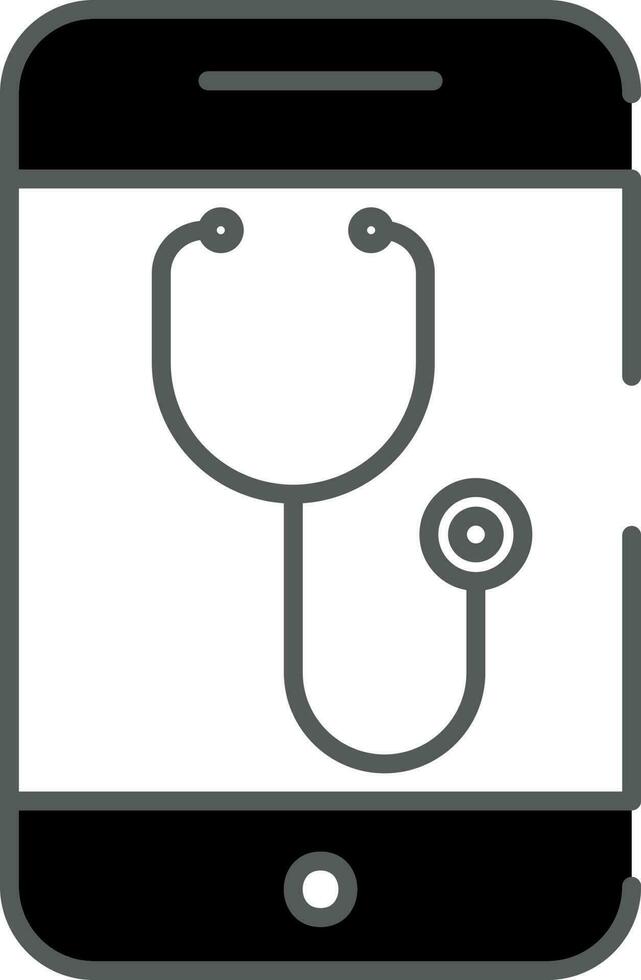 Black And White Color Stethoscope Or Telehealth In Smartphone Icon. vector