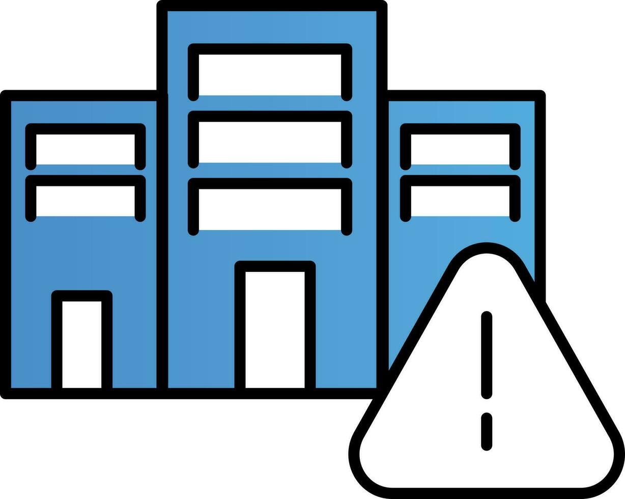 Building With Warning Sign Icon In Blue And White Color. vector
