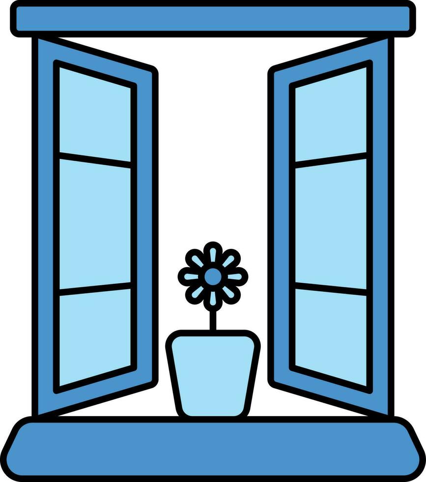 Flower Pot With Window Door Blue Icon. vector