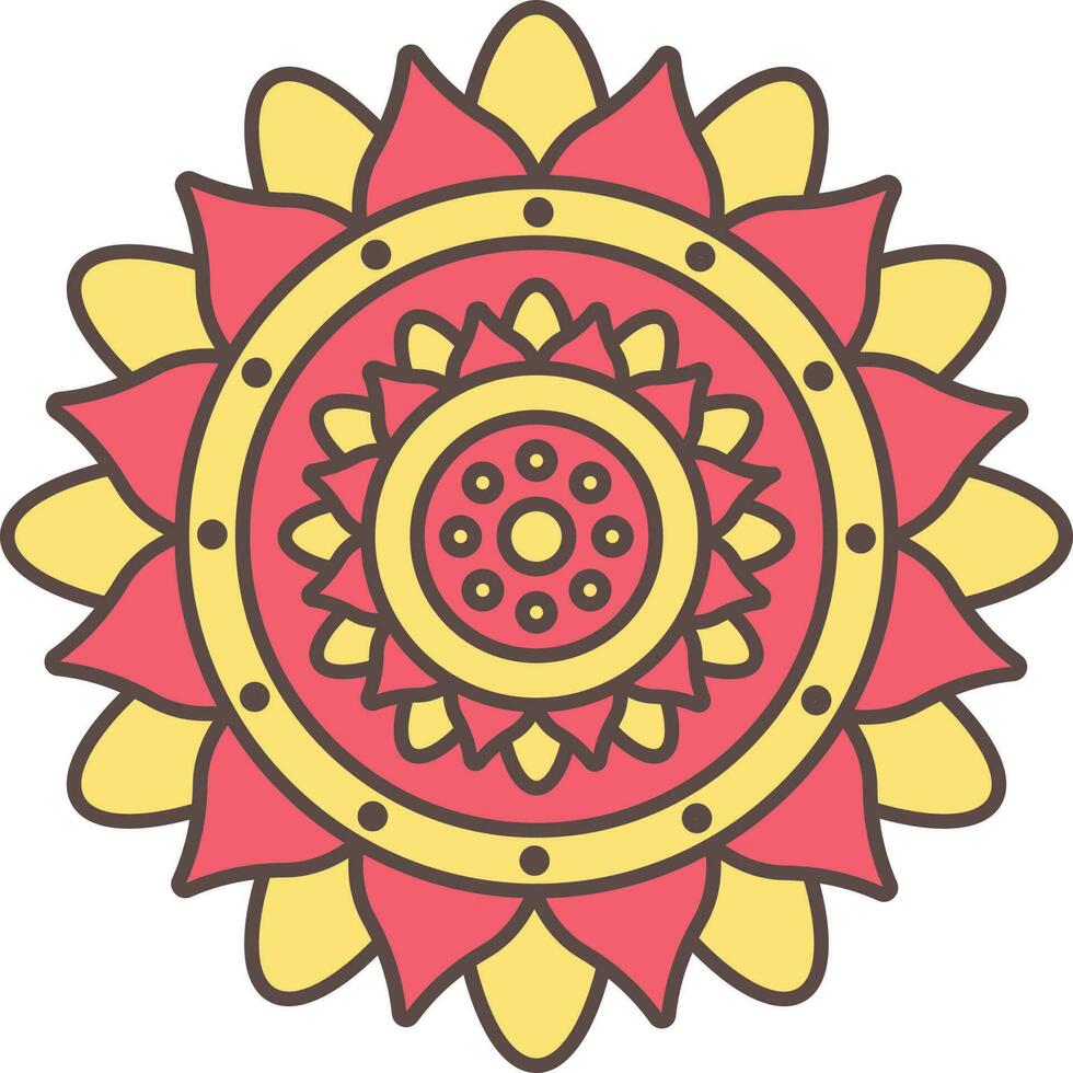 Yellow And Red Floral Rangoli Icon In Flat Style. vector