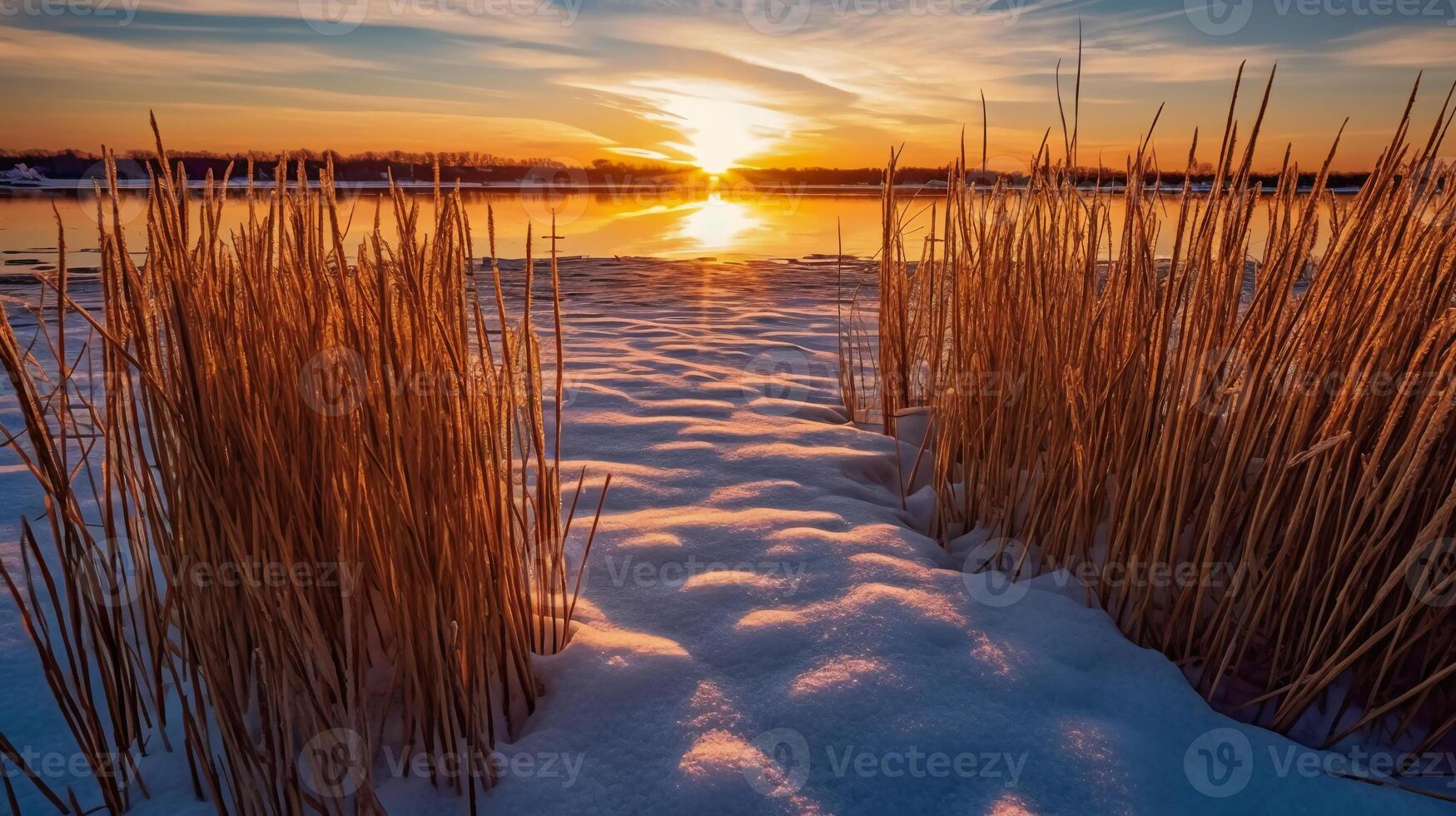 Sunset above the reeds at the edge of the lake. photo