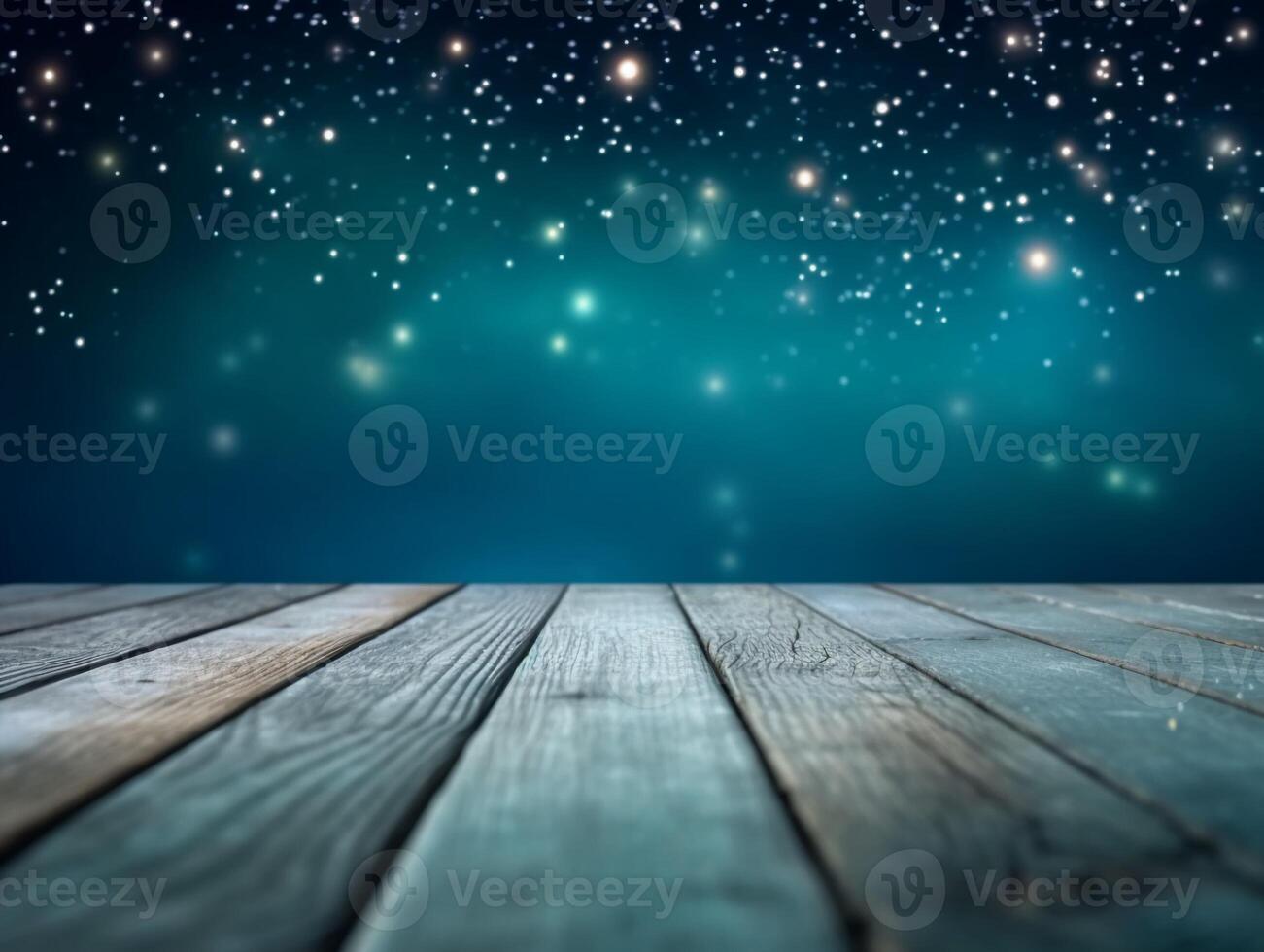 Winter snowy stage background with wooden flooring and Christmas lights on blue background, banner format, copy space. photo