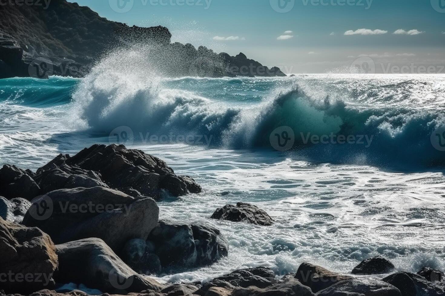 Sunny day, Beauty of marine nature, strength and power of the water element in form of a large turquoise sea wave crashing on shore. photo