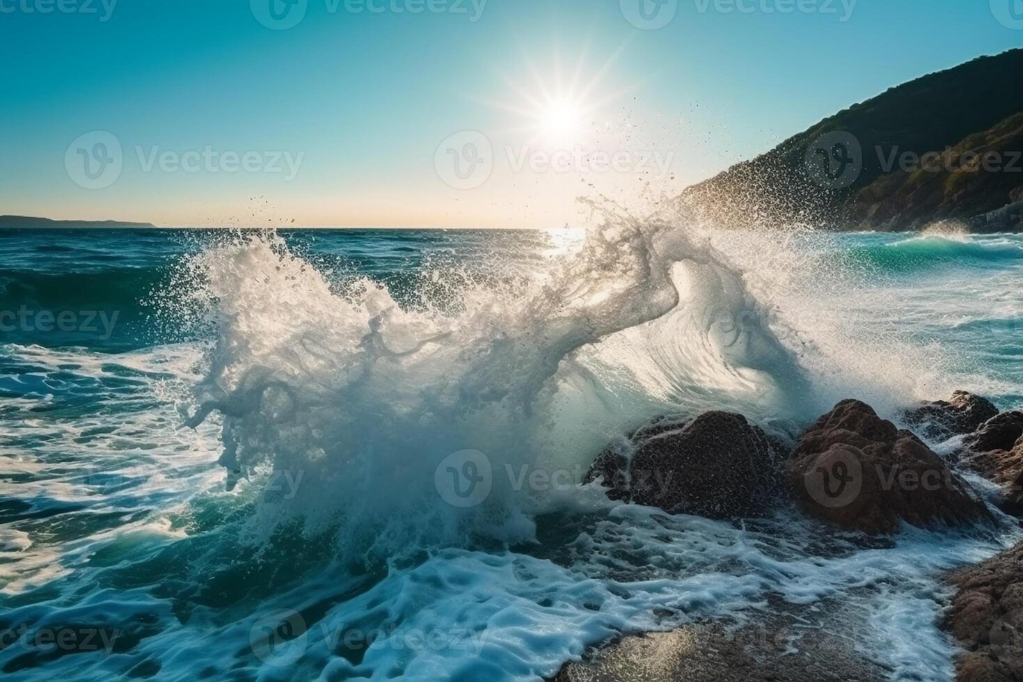 Sunny day, Beauty of marine nature, strength and power of the water element in form of a large turquoise sea wave crashing on shore. photo