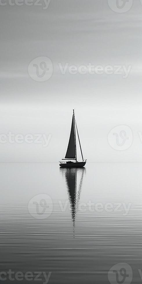 white image of a lone sailboat on a calm sea, photo