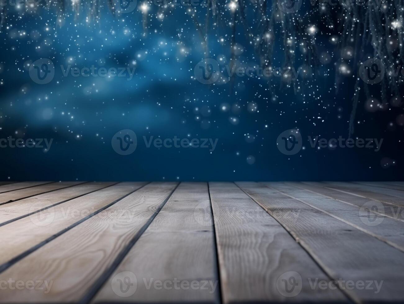 Winter snowy stage background with wooden flooring and Christmas lights on blue background, banner format, copy space. photo