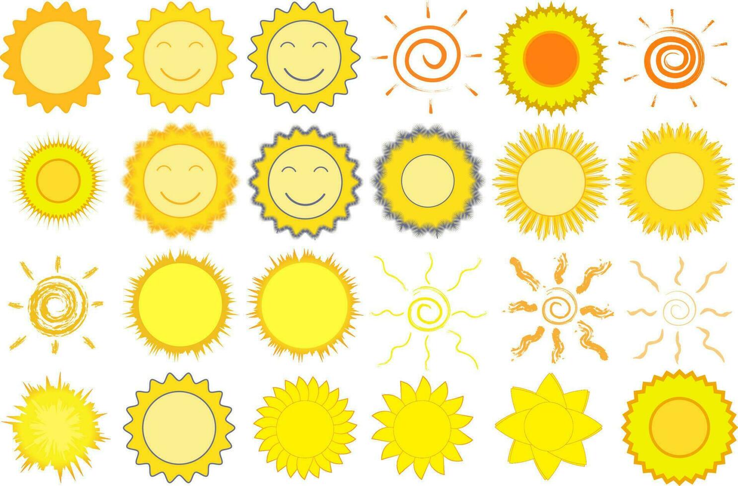 Yellow sun icon set, sunshine and solar glow, sunrise or sunset. Decorative circle full and half sun and sunlight. Summer Theme, Vector sign
