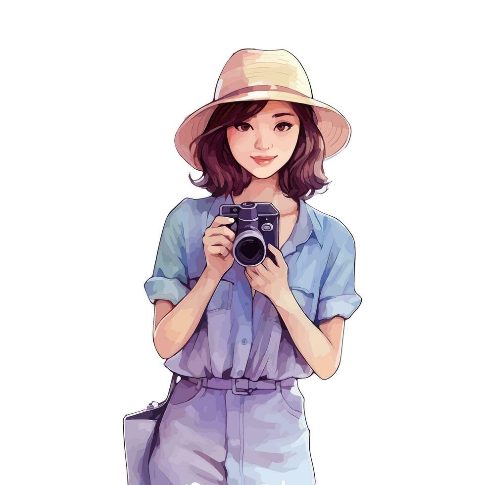 Watercolor Woman Traveler Carry Camera Wearing Blue Shirt And Pants Shoulder Hair In Brown Travel Hat vector