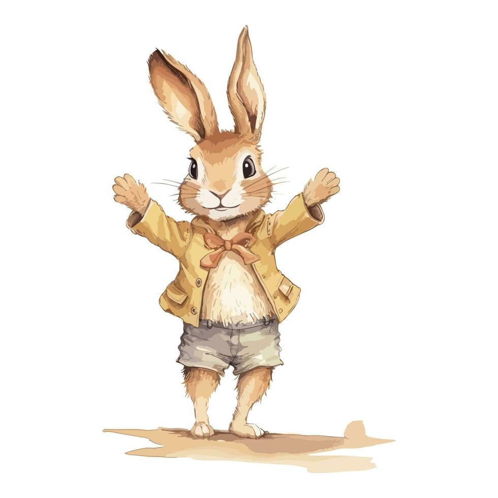 Watercolor Jumping Hare With Yellow Shirts And Pants Concept vector