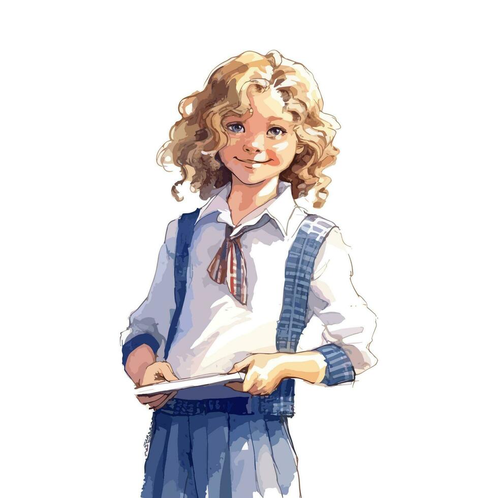 acuarela dibujos animados niña hombro pelo vestir colegio uniforme sostener libro concepto vector