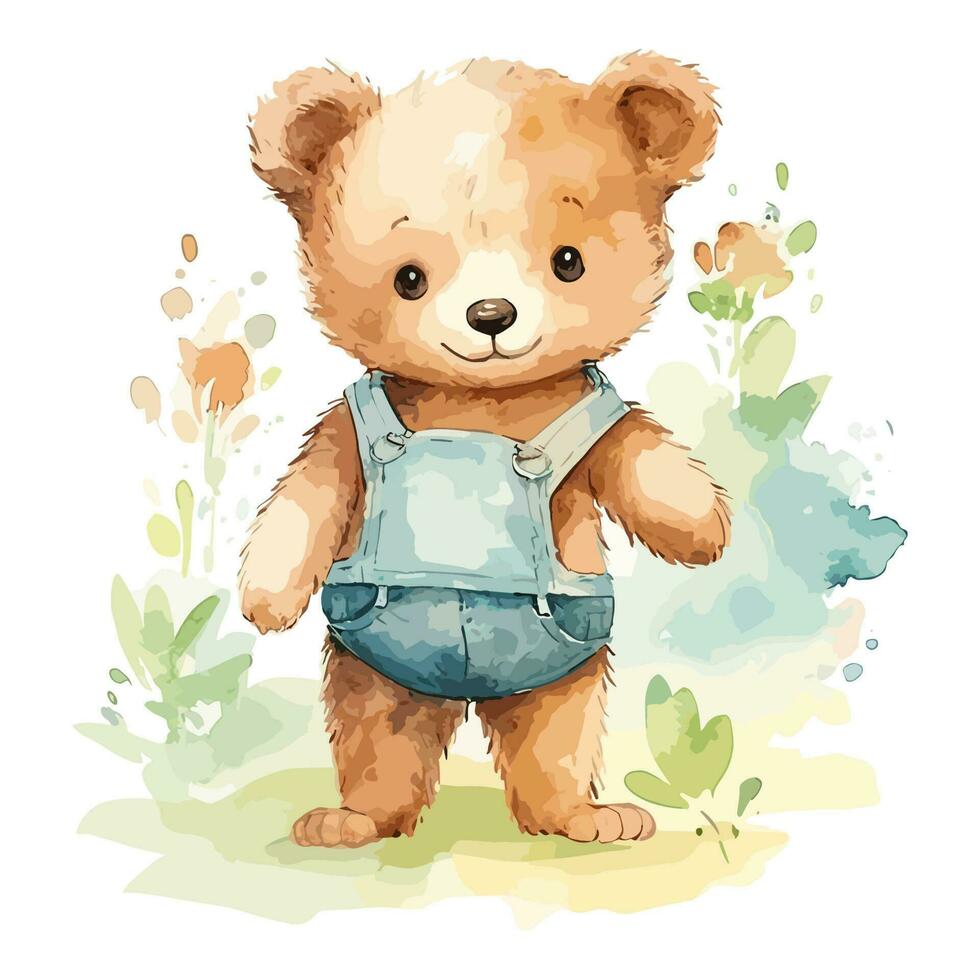 Watercolor Cute Bear Wearing Farm Jump Suit Standing Adorable In Flower Hill Concept vector