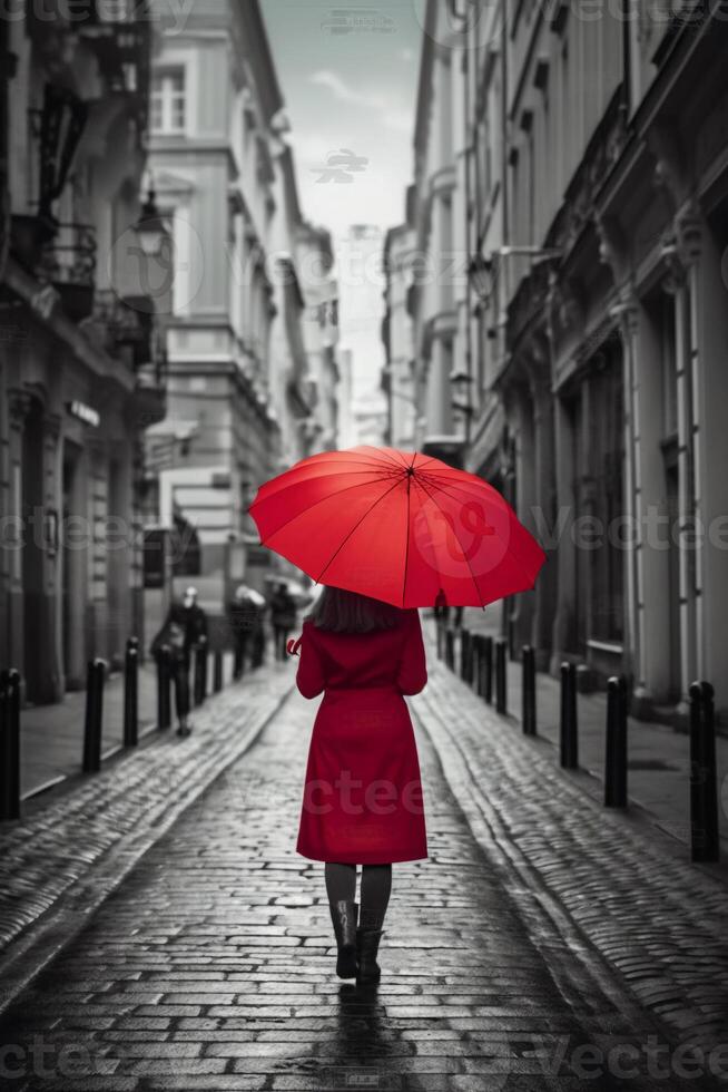 Red umbrella in hand of woman walking on a colorless street. photo