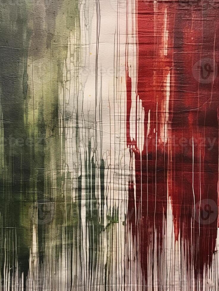 A painting made of white, red, and green paint streaks. photo