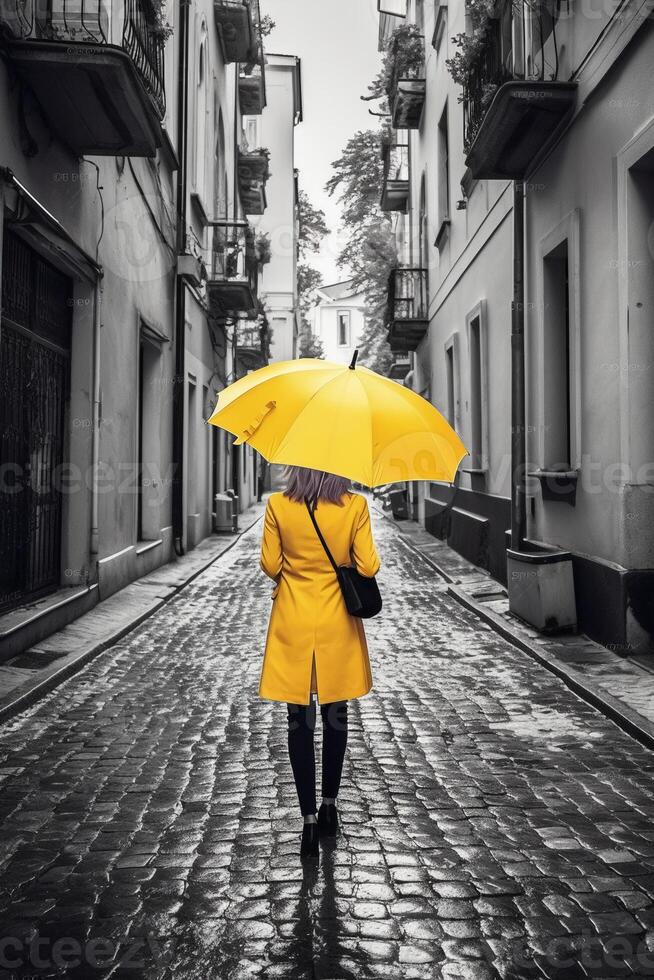Yellow umbrella in hand of woman walking on a colorless street. photo