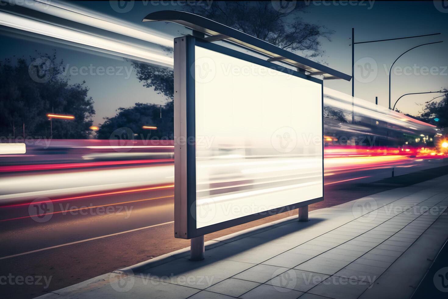 Blank advertising light box on bus stop, mockup of empty ad billboard on night bus station, template banner on background city street for text. Neural network photo