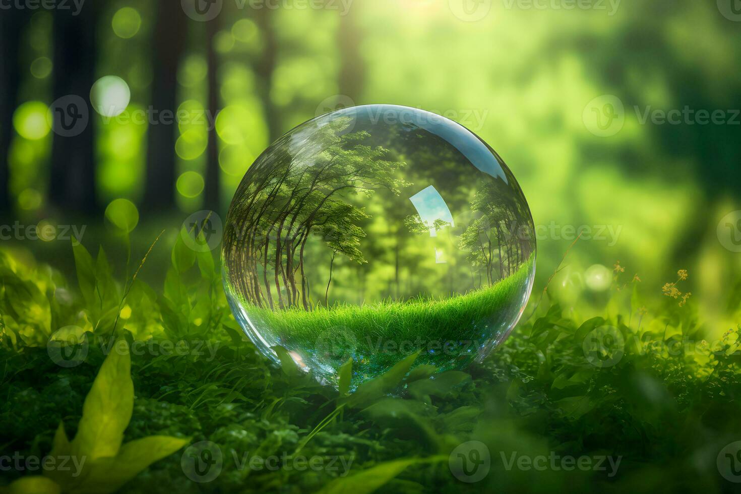 Crystal ball on green grass with reflection of green vegetation inside. Neural network generated art photo