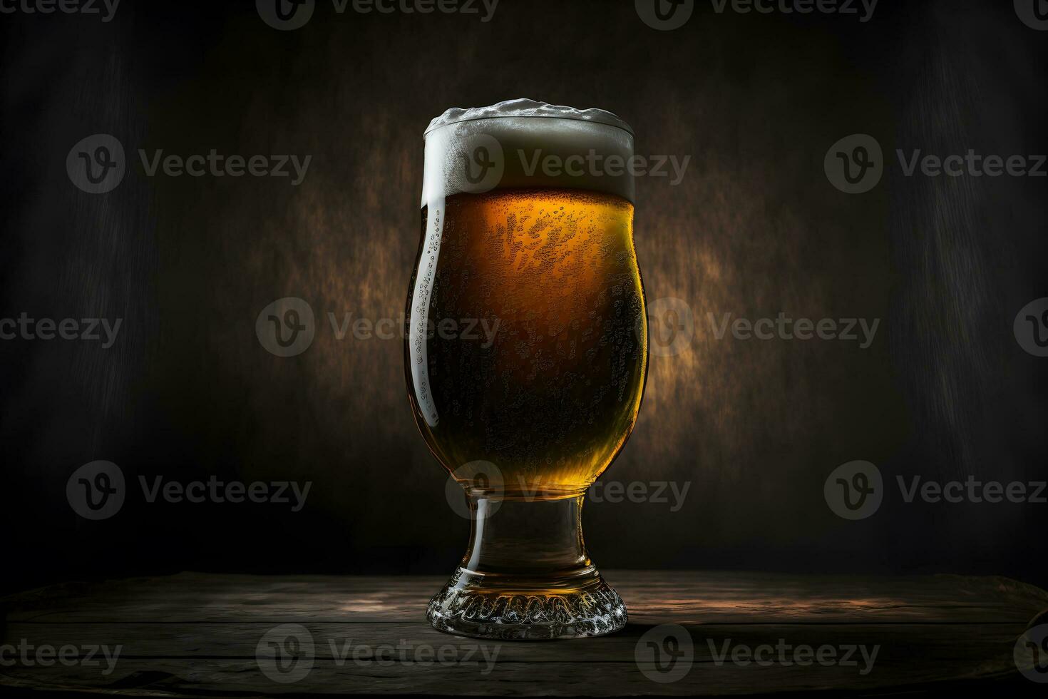 Beautiful beer with foam in classic beer glass in dark scene. Neural network generated art photo