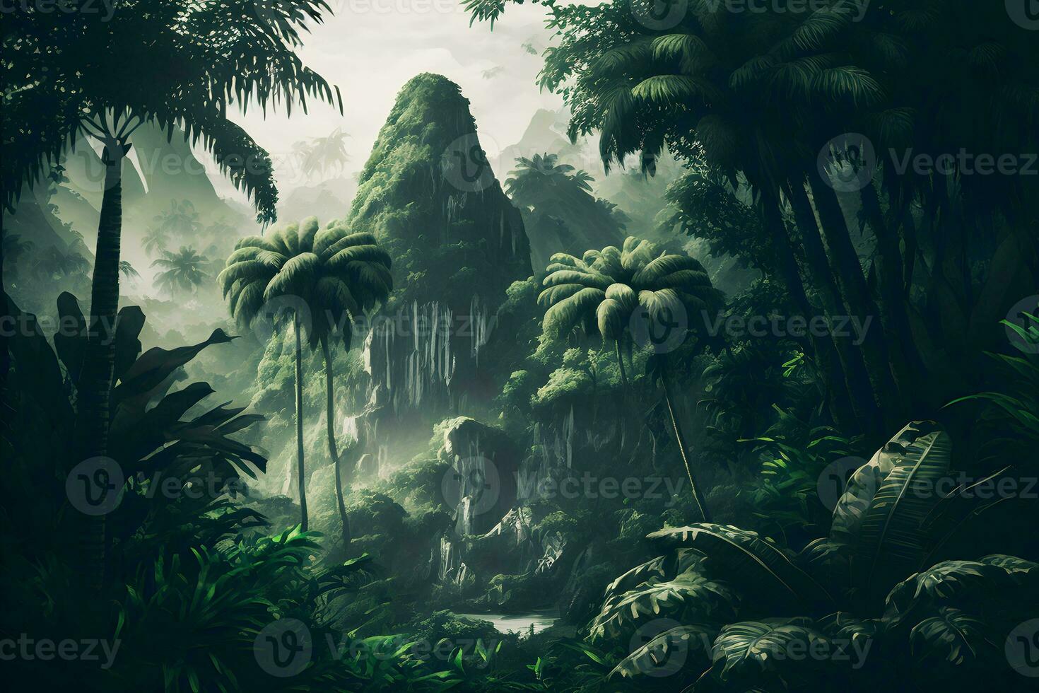 Asian tropical jungle rainforest in daytime. Neural network generated art photo