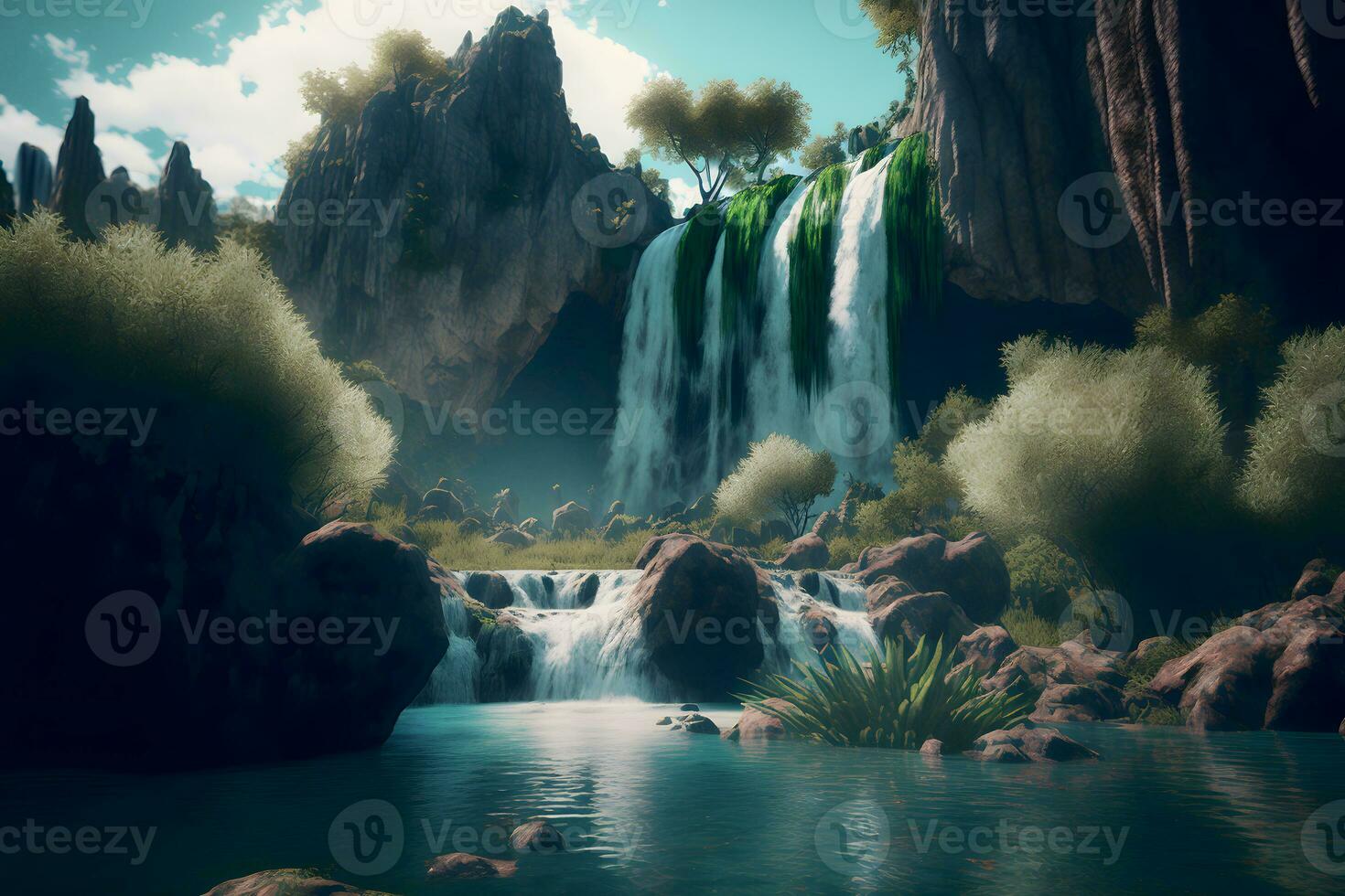 Beautiful landscape with big waterfall in sunny summertime. Neural network generated art photo