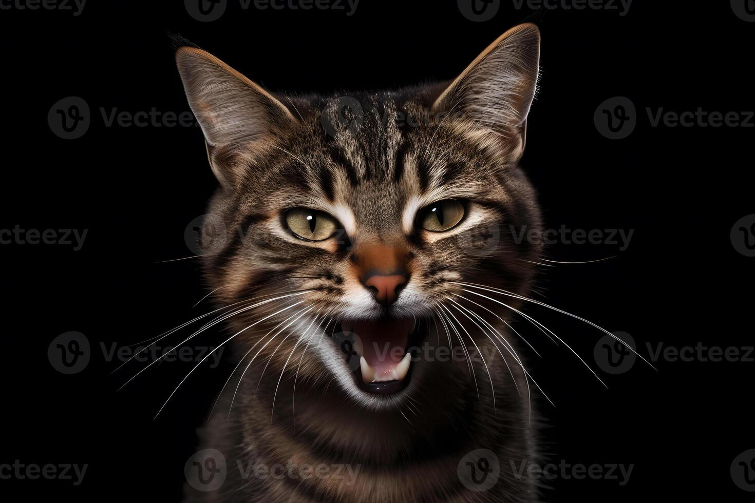 Portrait of a meowing tabby cat. Neural network photo