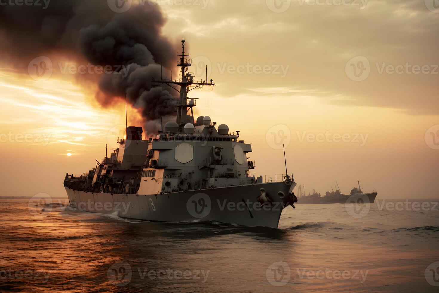 War concept. Night battle scene at sea. warship on fire. Neural network photo