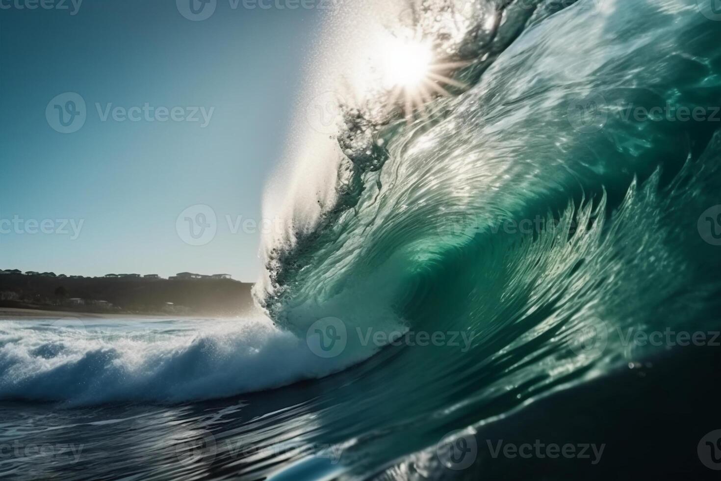 Tropical blue surfing wave. Sunshine in the wave barrel. No people. Beautiful deep blue tube wave in the Ocean. photo