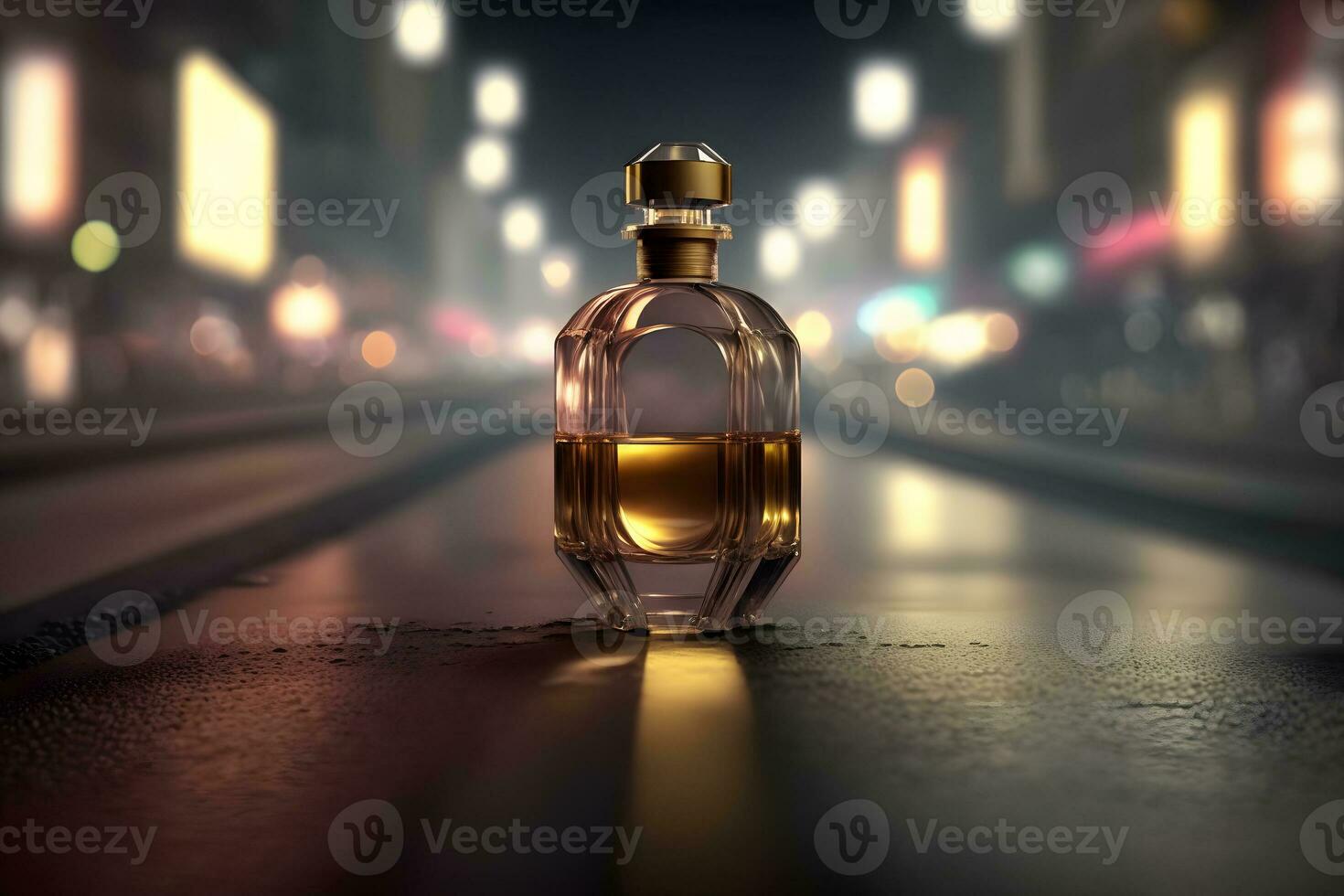 Perfume bottle against the backdrop of night city lights. Neural network generated art photo