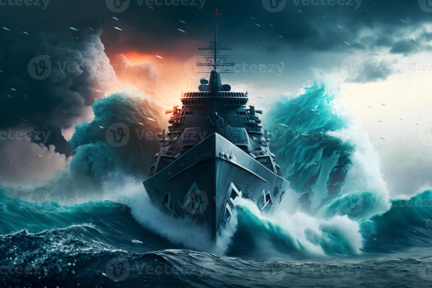 Warship at sea during a storm. Neural network art photo