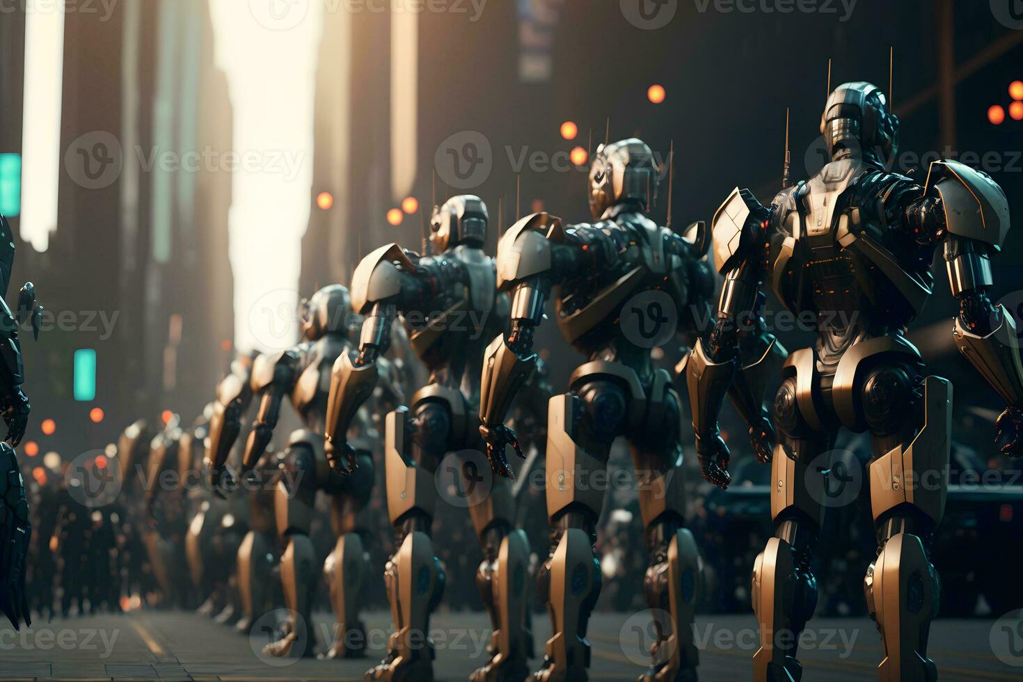 Many modern futuristic male humanoid robots with metal outfit. Neural network generated art photo