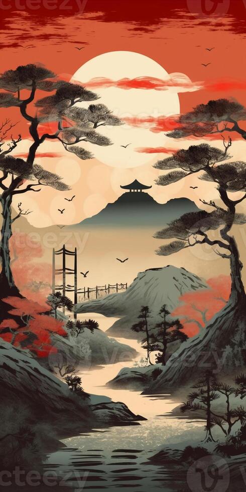 Vintage Minimalistic landscape, Japanese style. photo