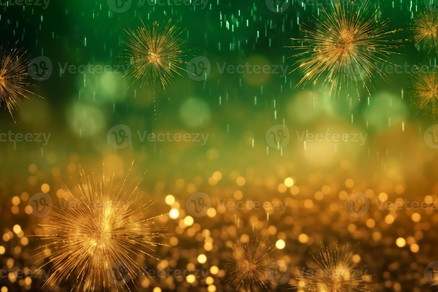 Gold and green Fireworks and bokeh in New Year eve and copy space. Abstract background holiday. photo