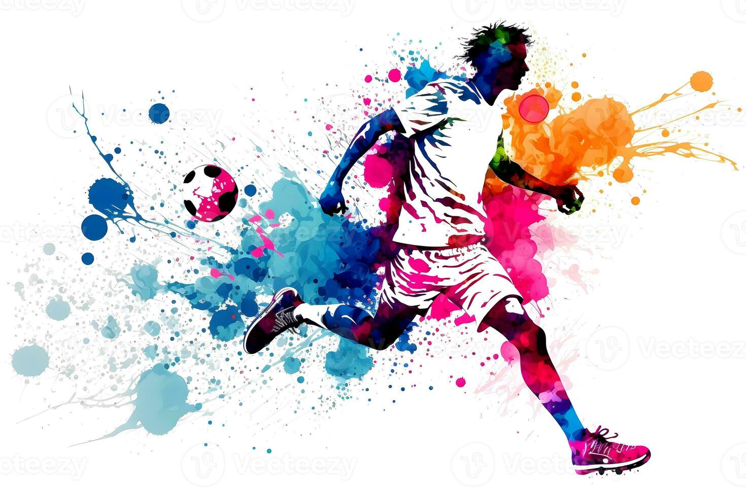 football soccer player in action with rrainbow watercolor splash. isolated white background. Neural network generated art photo