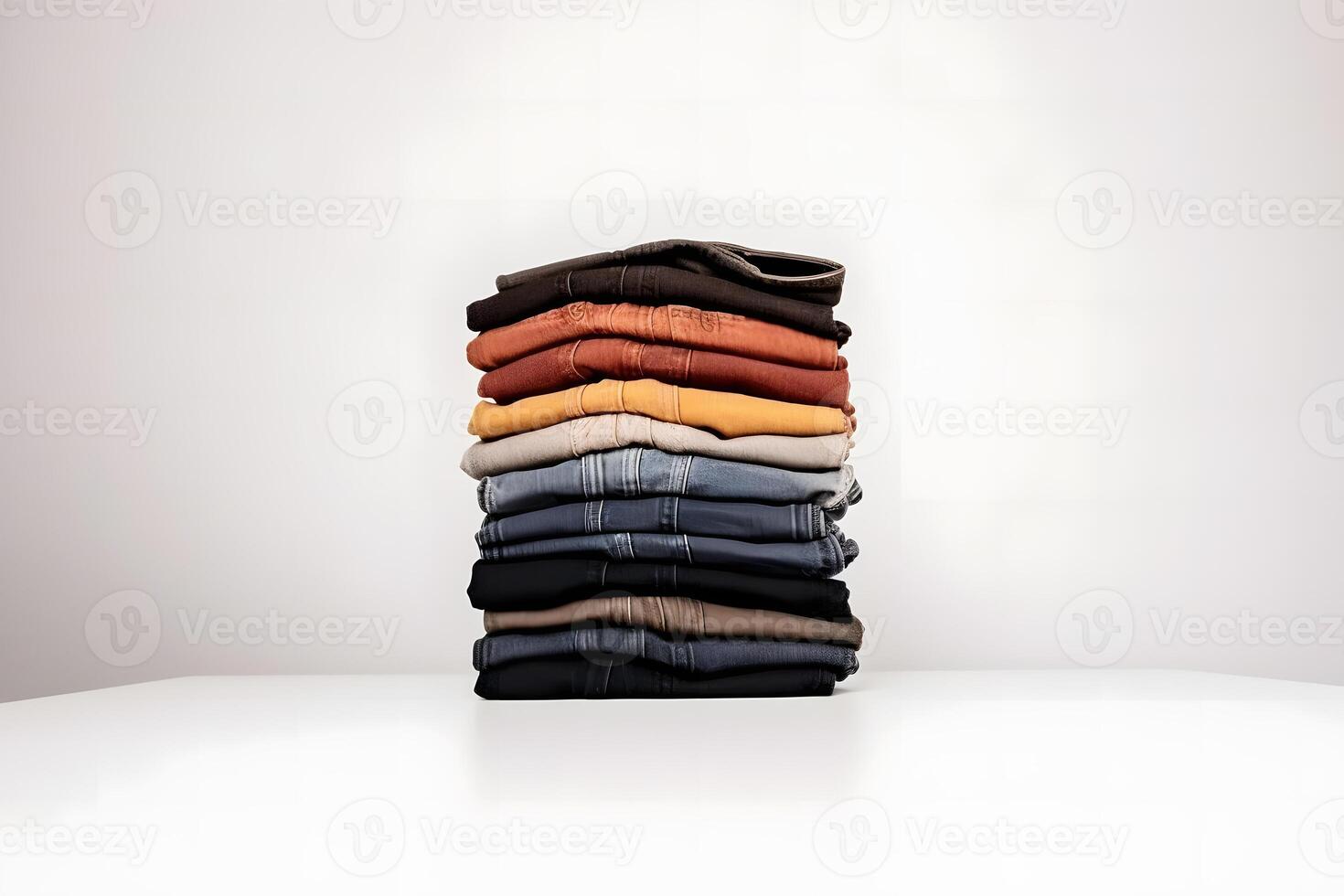 Jeans trousers stack on white background. Neural network photo