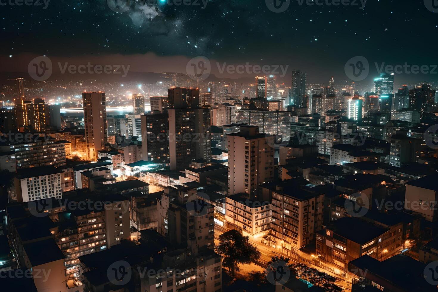 moderno ciudad a noche. neural red ai generado foto