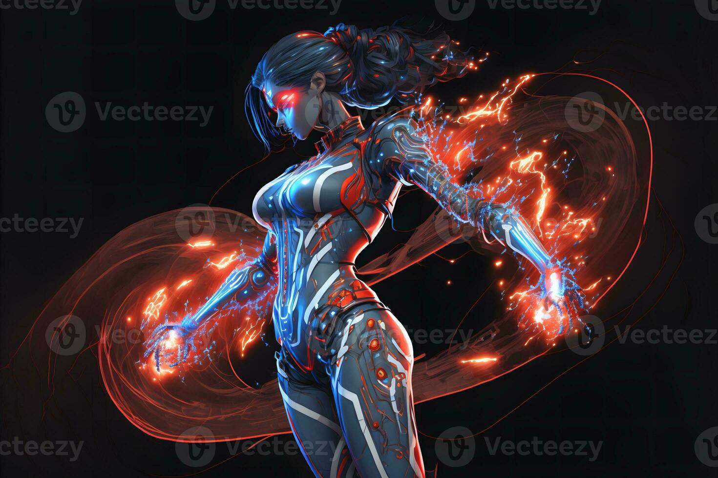 Humanoid female android with metal suit standing in a confident pose. blue and purple color tones. Neural network generated art photo