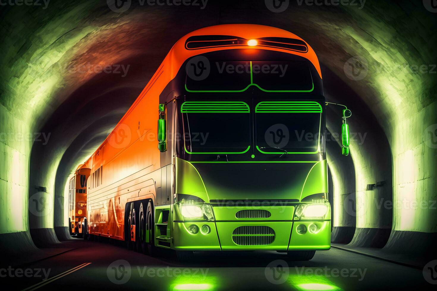 A neon coach, or long haul bus for tourists drives through the mountain tunnels and roads. Neural network generated art photo