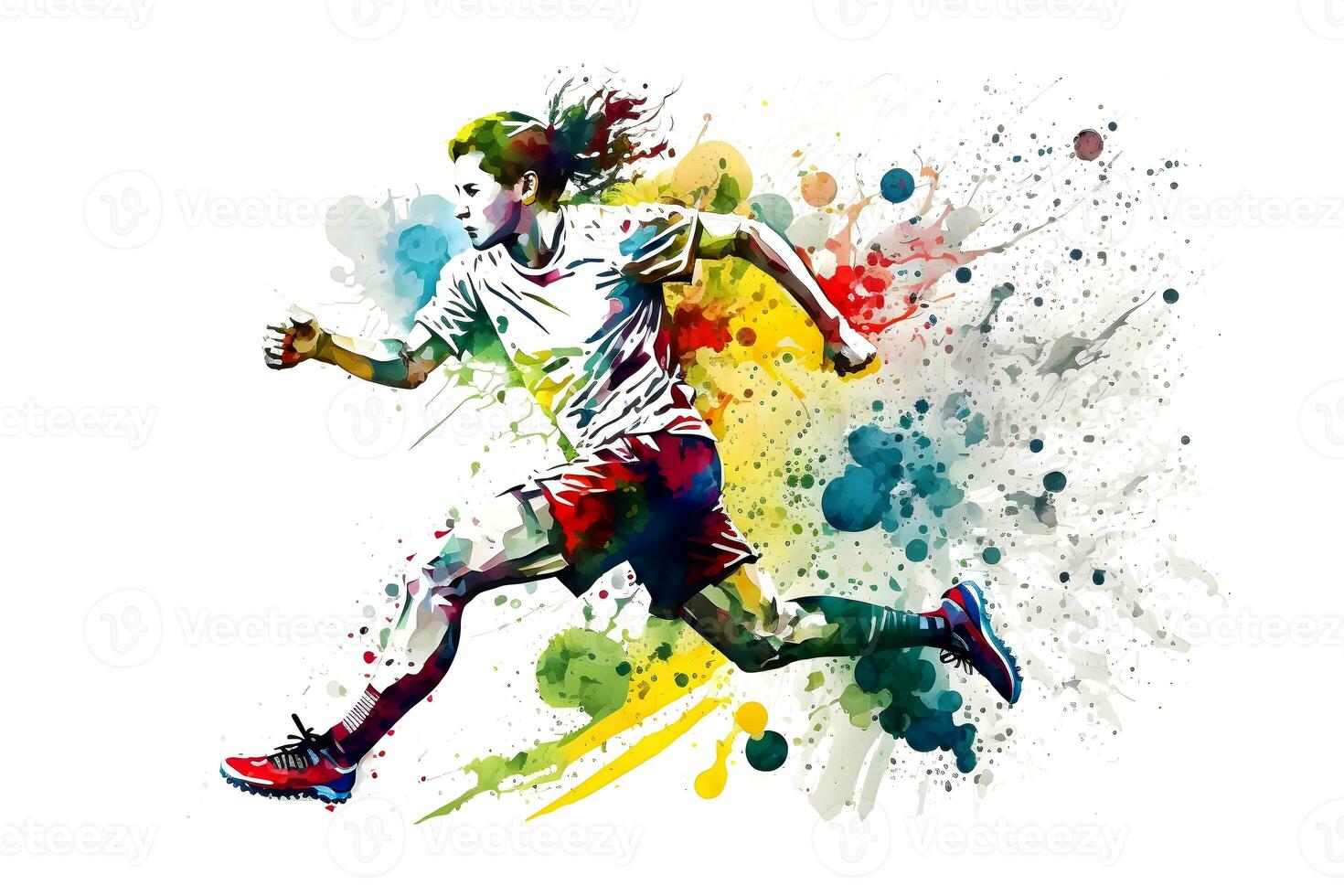 fútbol americano fútbol jugador en acción con arcoiris acuarela chapoteo. aislado blanco antecedentes. neural red generado Arte foto