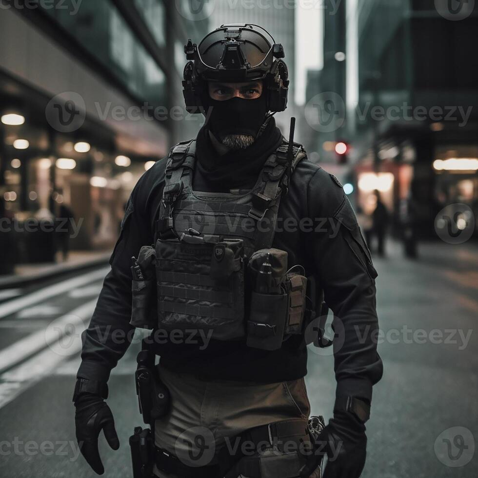 Army soilder who wear black tactical closes with a nocturn vision. photo