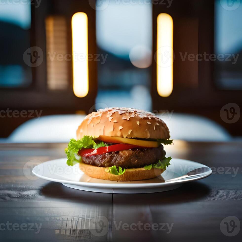 Juicy burger with fries and drink on a table new stock image quality food illustration desktop wallpaper. photo