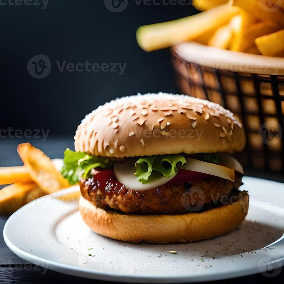 Juicy burger with fries and drink on a table new stock image quality food illustration desktop wallpaper. photo