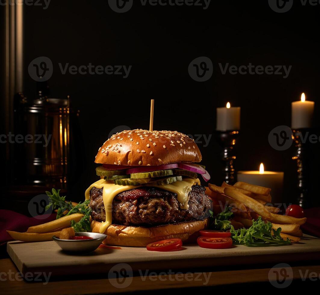 Delicious hamburger with fries and drinks on the table on the cafe background Product photography with nikon. fast food concept. photo