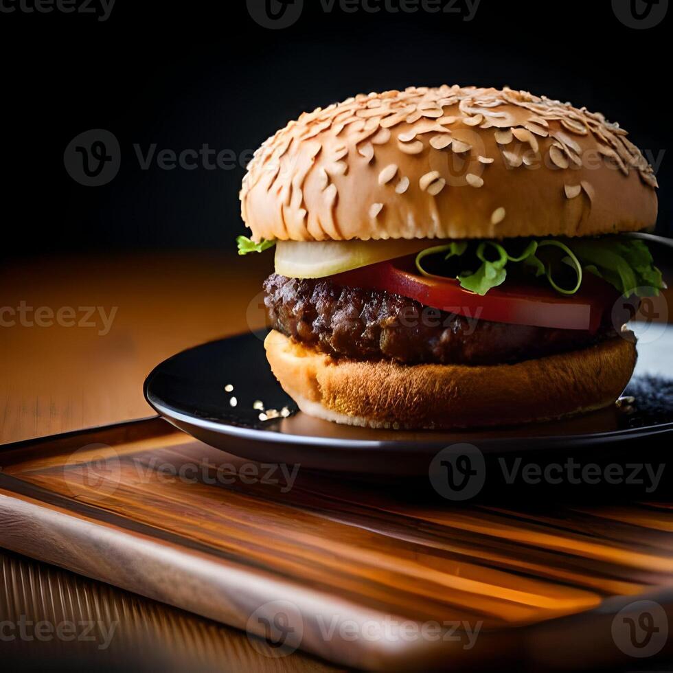 Juicy burger with fries and drink on a table new stock image quality food illustration desktop wallpaper. photo