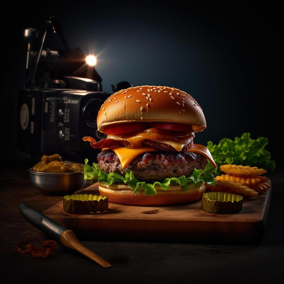 Delicious hamburger with fries and drinks on the table on the cafe background Product photography with nikon. fast food concept. photo