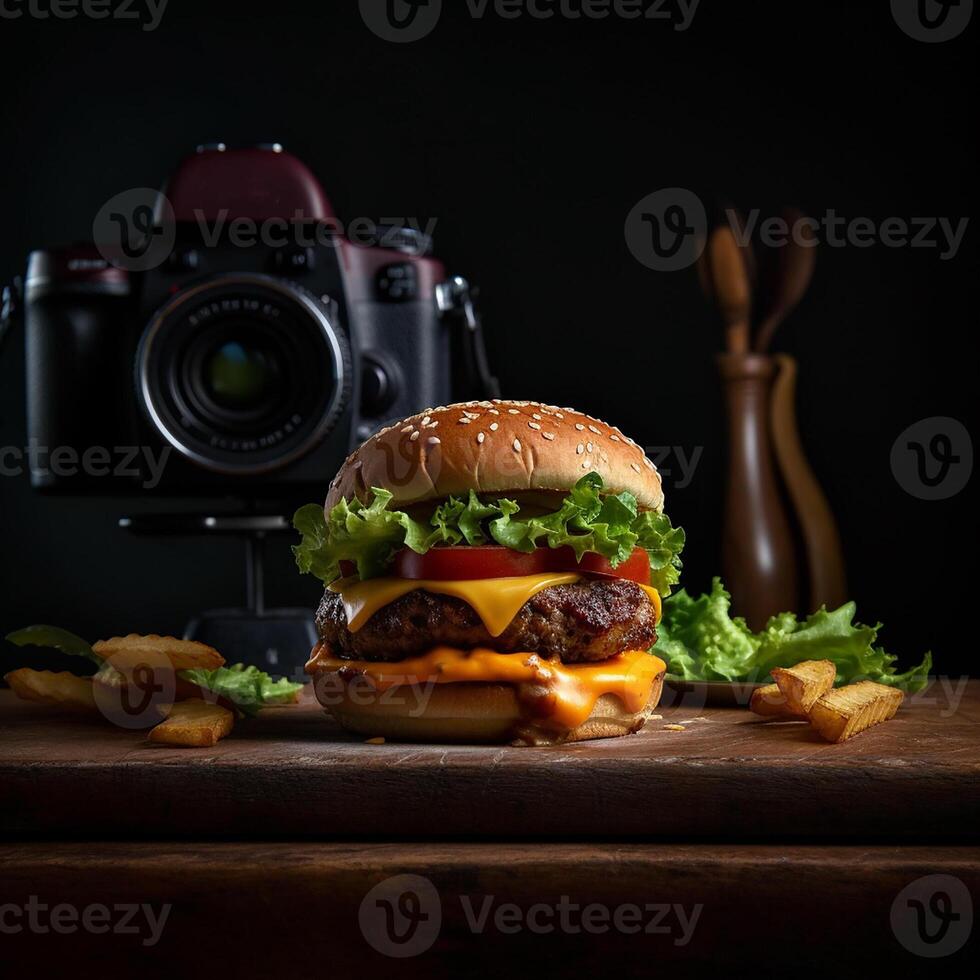 Delicious hamburger with fries and drinks on the table on the cafe background Product photography with nikon. fast food concept. photo