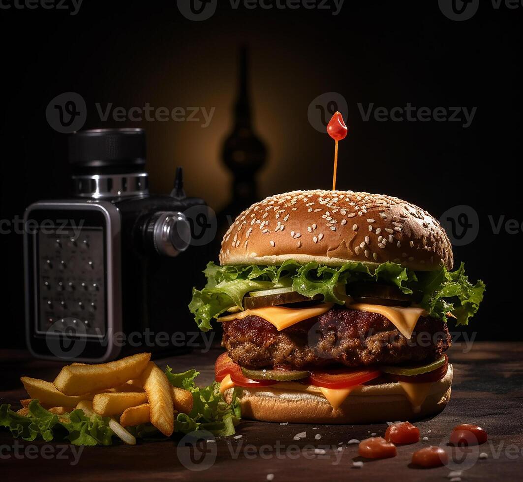 Delicious hamburger with fries and drinks on the table on the cafe background Product photography with nikon. fast food concept. photo