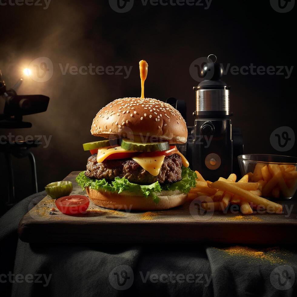 Delicious hamburger with fries and drinks on the table on the cafe background Product photography with nikon. fast food concept. photo