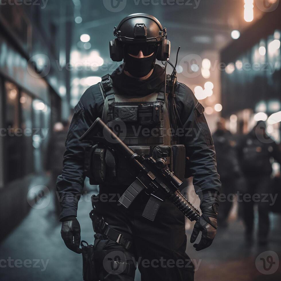 Army soilder who wear black tactical closes with a nocturn vision. photo
