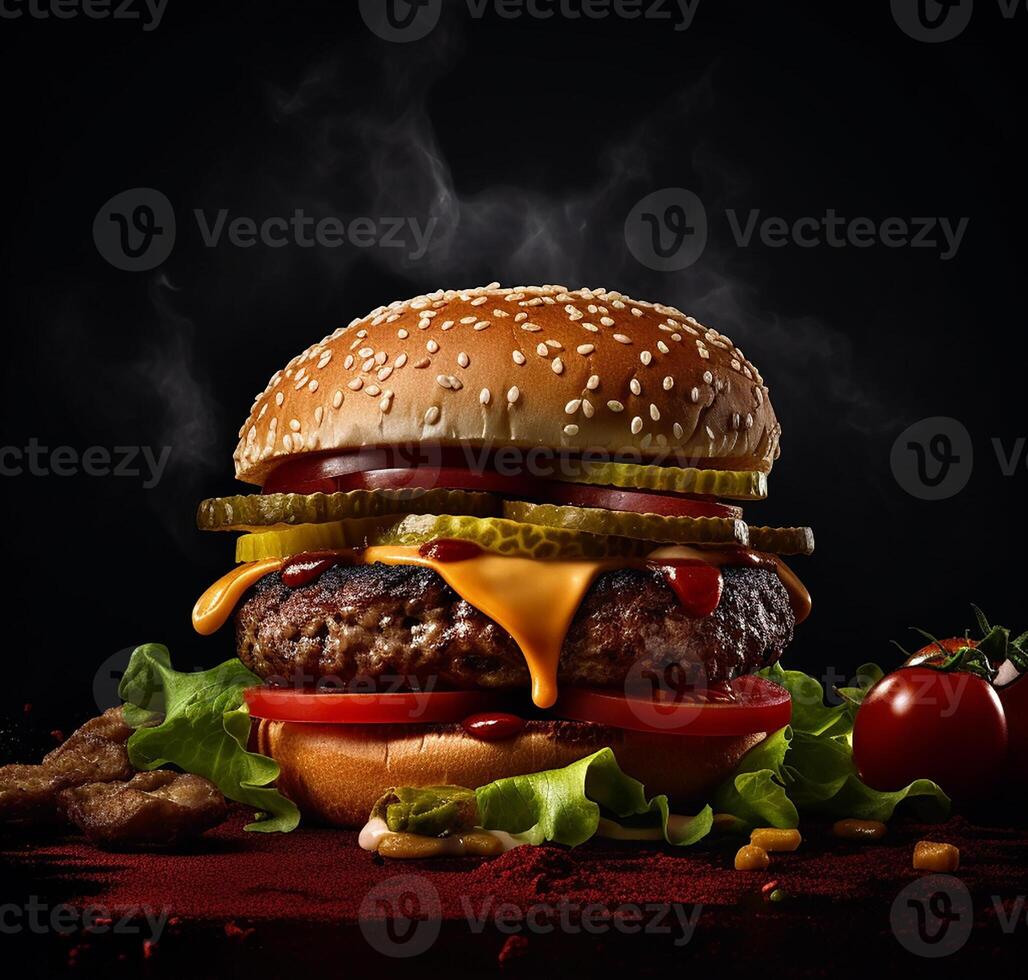 Delicious hamburger with fries and drinks on the table on the cafe background Product photography with nikon. fast food concept. photo